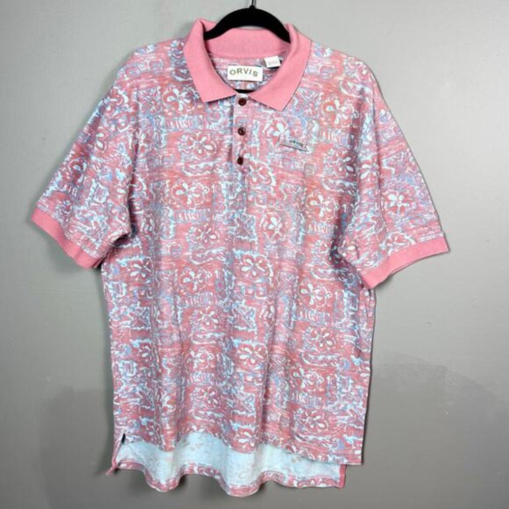 Orvis polo shirt‎ men's XL Hawaiian Vintage pink batik camp shirt